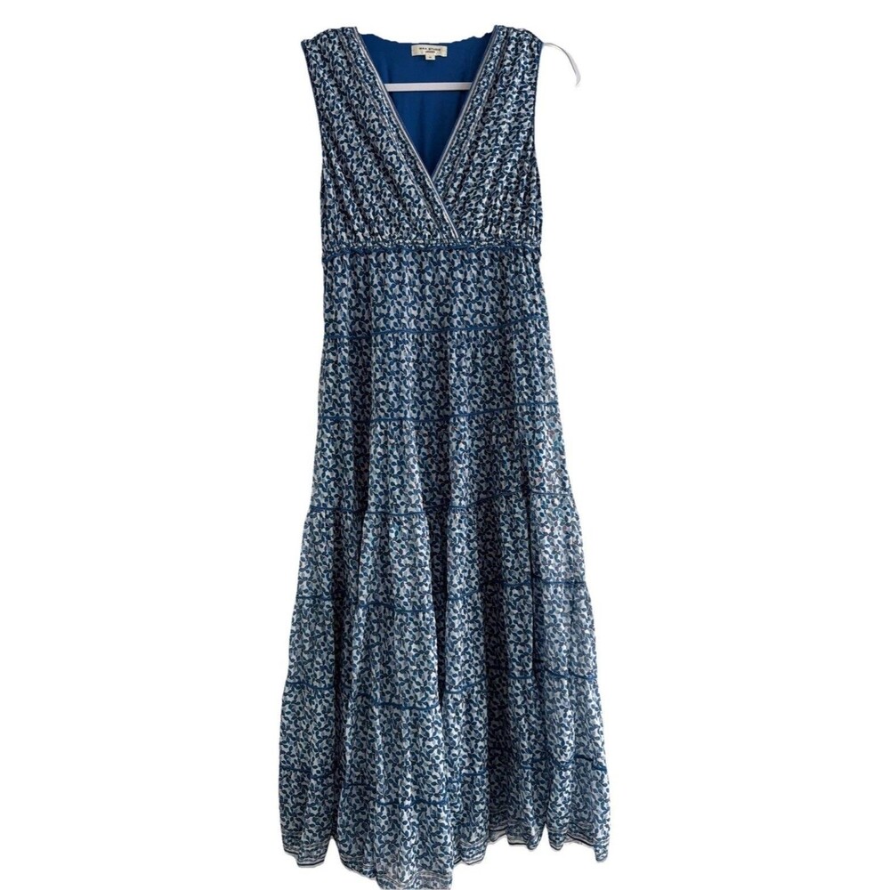 Max Studio Blue Tiered V-Neck Midi Dress Medium Ruffles Boho Romantic Whimsical